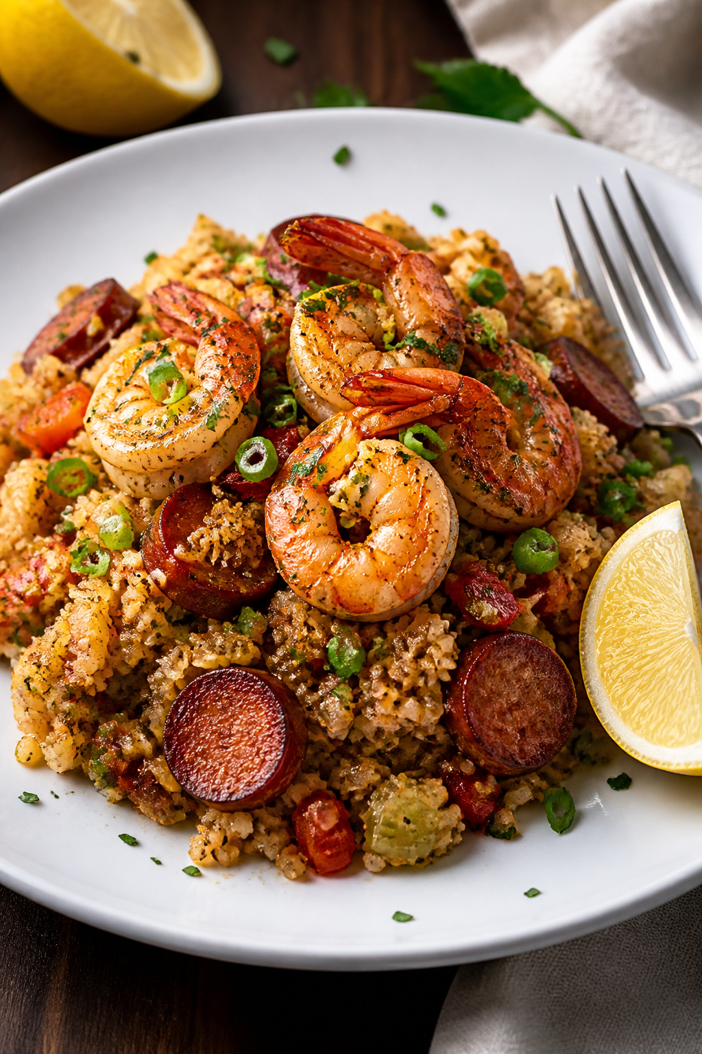 Final plated dish: Restaurant-quality presentation of Cajun Shrimp Cauliflower Rice mounded on a wid