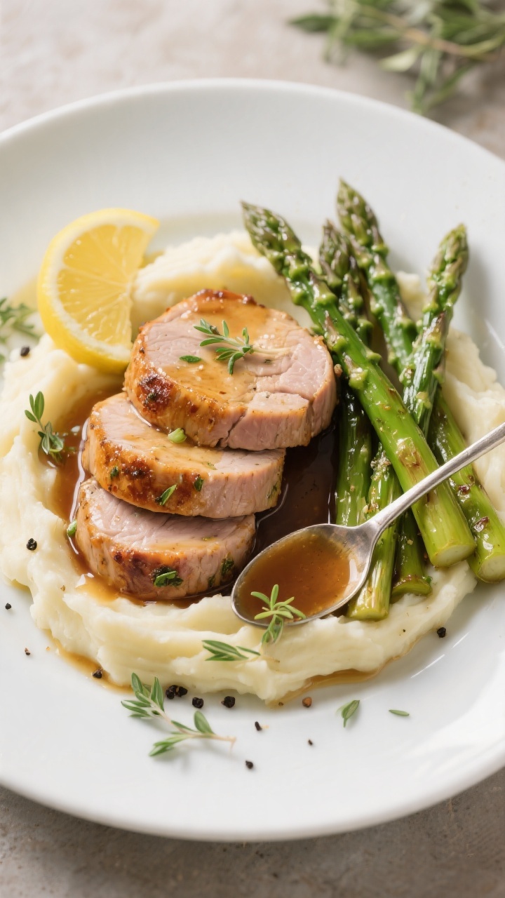 Final plated dish: Restaurant-quality presentation of Air Fryer Garlic Herb Pork Tenderloin medallio