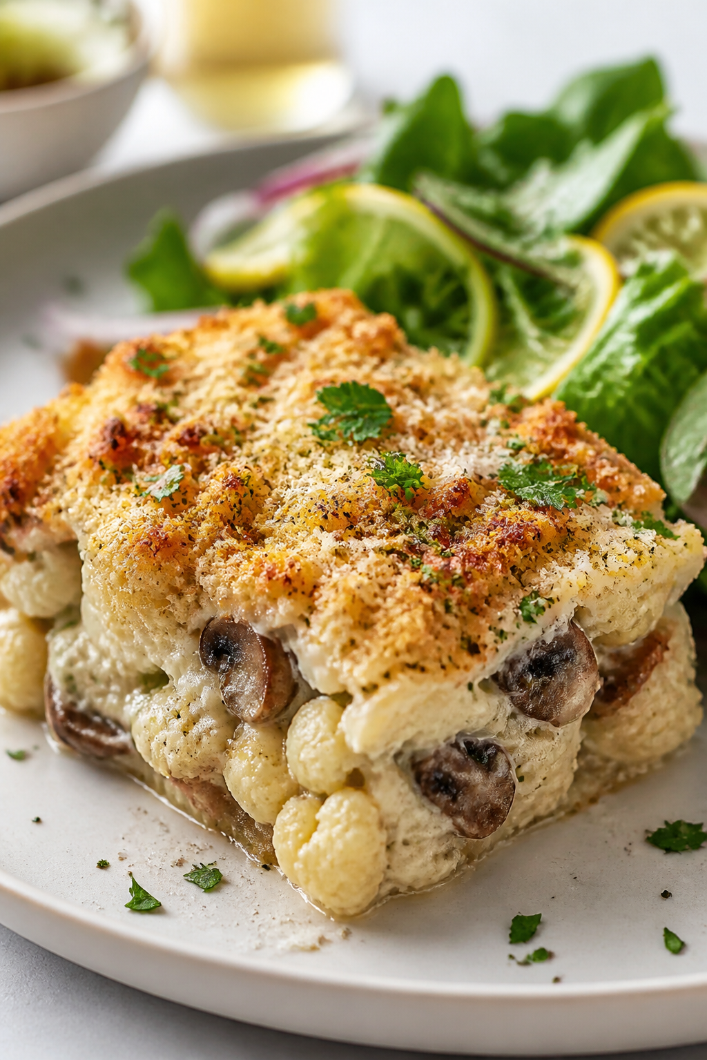 Final plated dish: Restaurant-quality presentation of a generous square of Creamy Mushroom Cauliflow