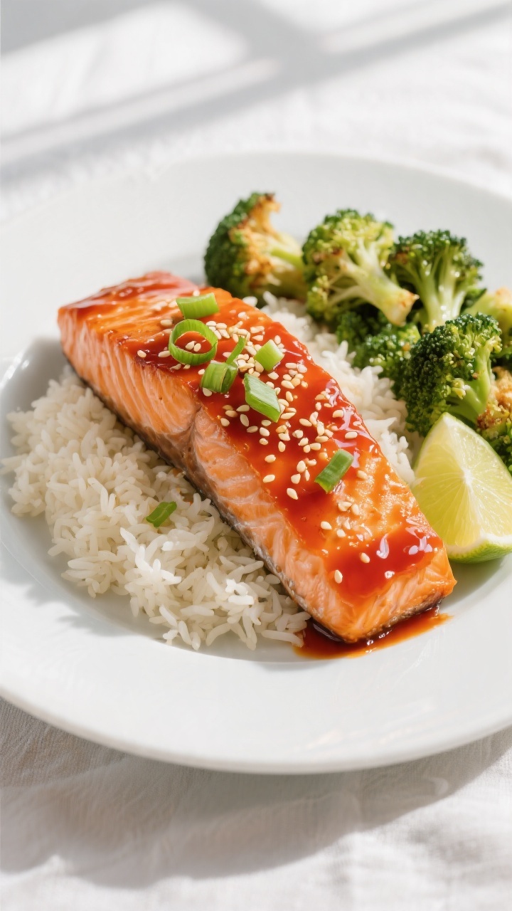 Final plated dish: Restaurant-quality presentation of honey sriracha salmon on a matte white plate o