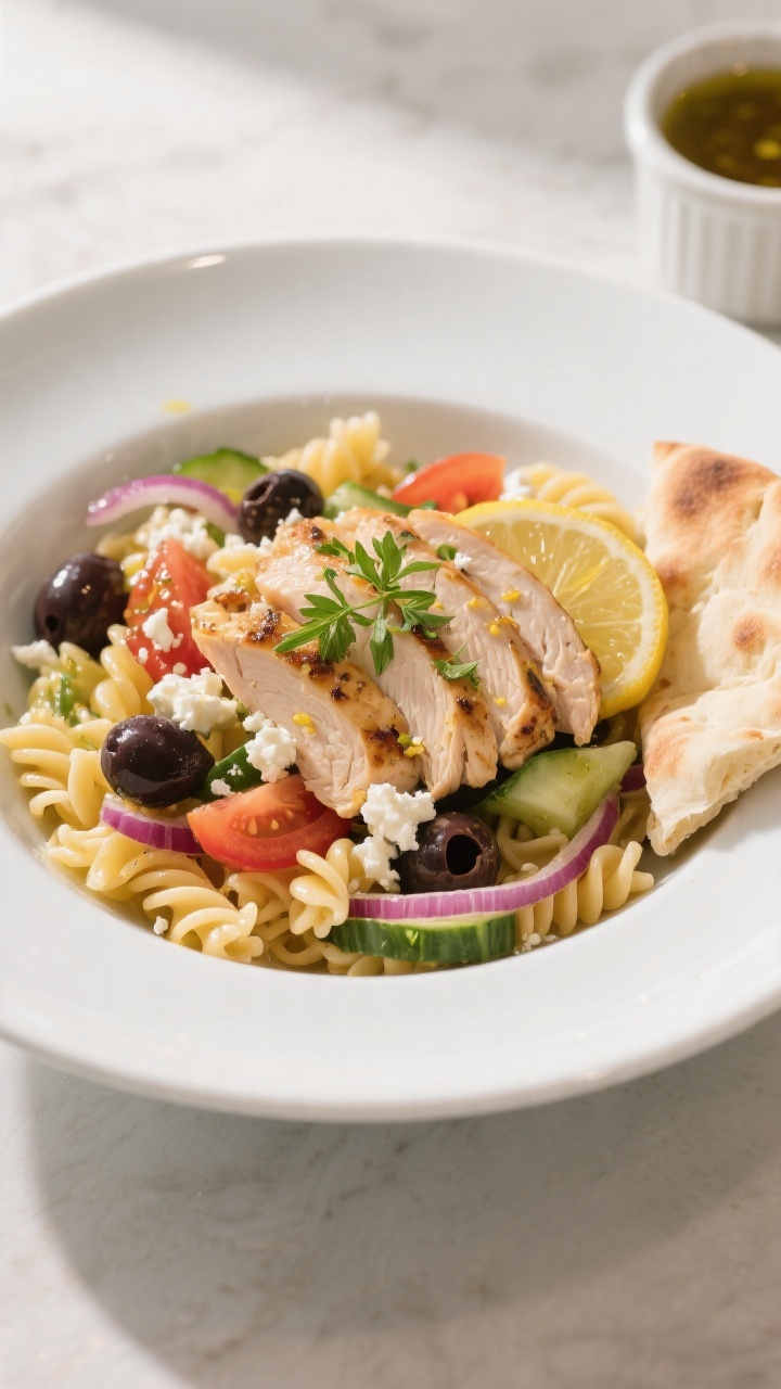 Final plated dish, restaurant-quality presentation: Beautifully composed Mediterranean Chicken Pasta