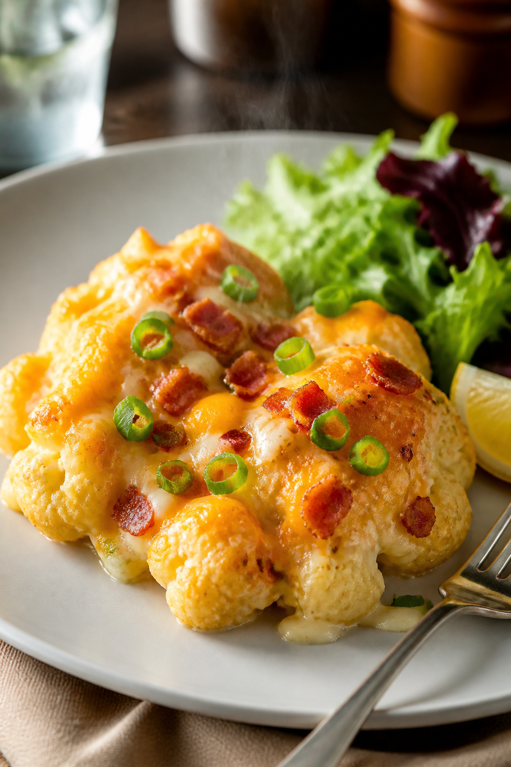 Final plated dish: Restaurant-quality presentation of a single serving of the casserole on a matte w