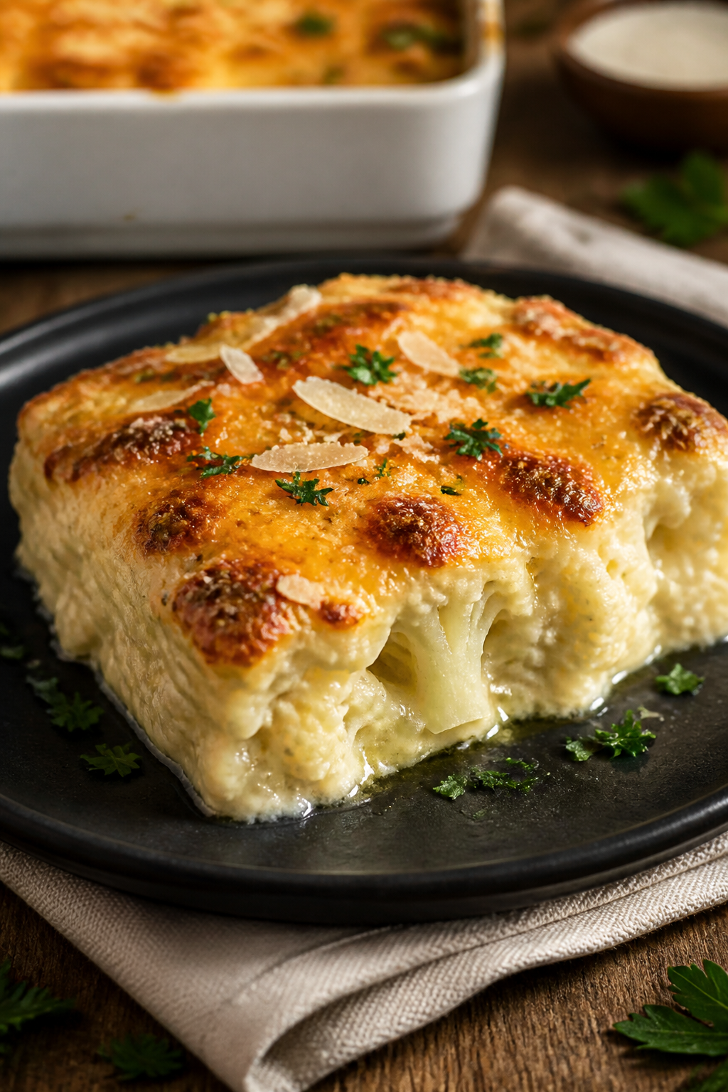 Final plated dish: Restaurant-quality presentation of a generous square of Creamy Garlic Parmesan Ca