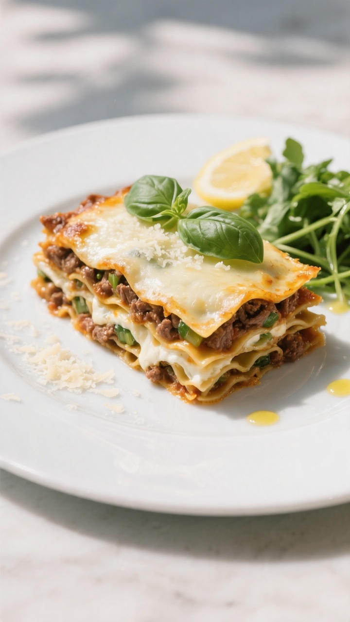 Final plated dish: Restaurant-quality slice of healthy lasagna served on a matte white plate, clean 