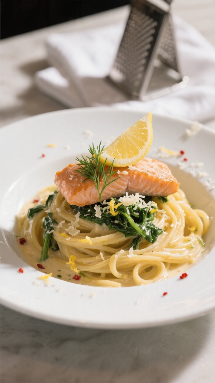 Final plated dish, restaurant style: Beautifully plated creamy lemon spinach salmon pasta (linguine)