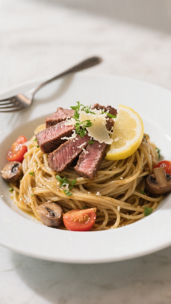 Final plated dish: Restaurant-style presentation of Healthy Garlic Butter Steak Pasta twirled into a