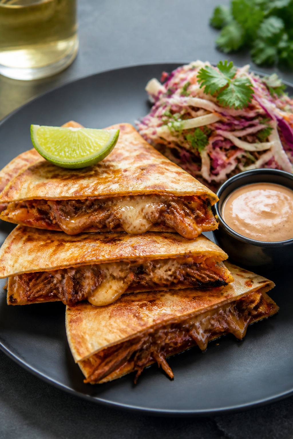 Final plated dish: Restaurant-style presentation of BBQ pulled pork quesadilla wedges stacked slight