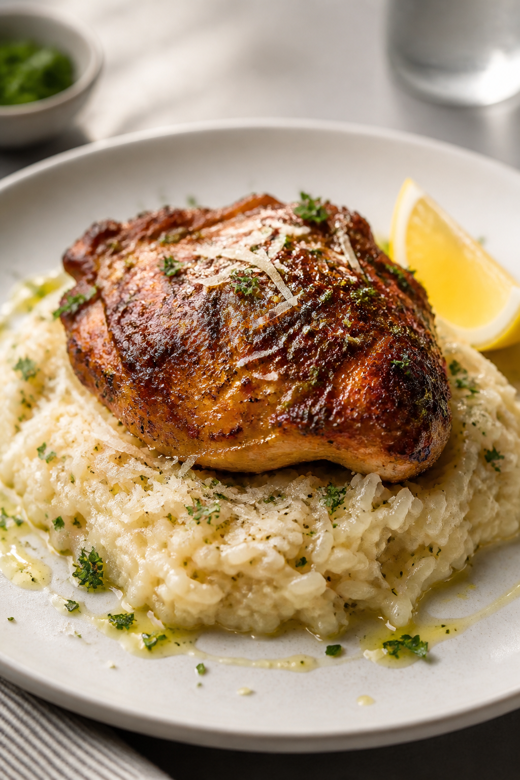 Final plated dish, restaurant style: Single chicken thigh plated over a generous scoop of garlicky P