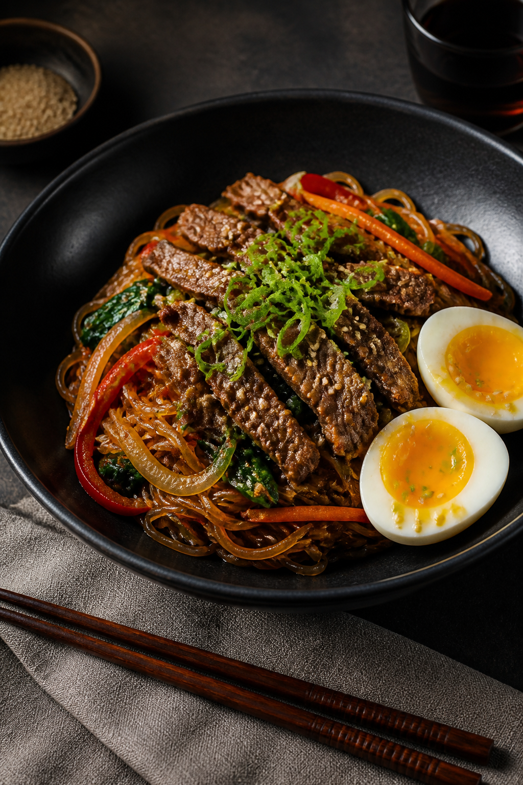 Final plated dish: Spicy Korean Beef Glass Noodles elegantly twirled in a wide, matte-black bowl; te