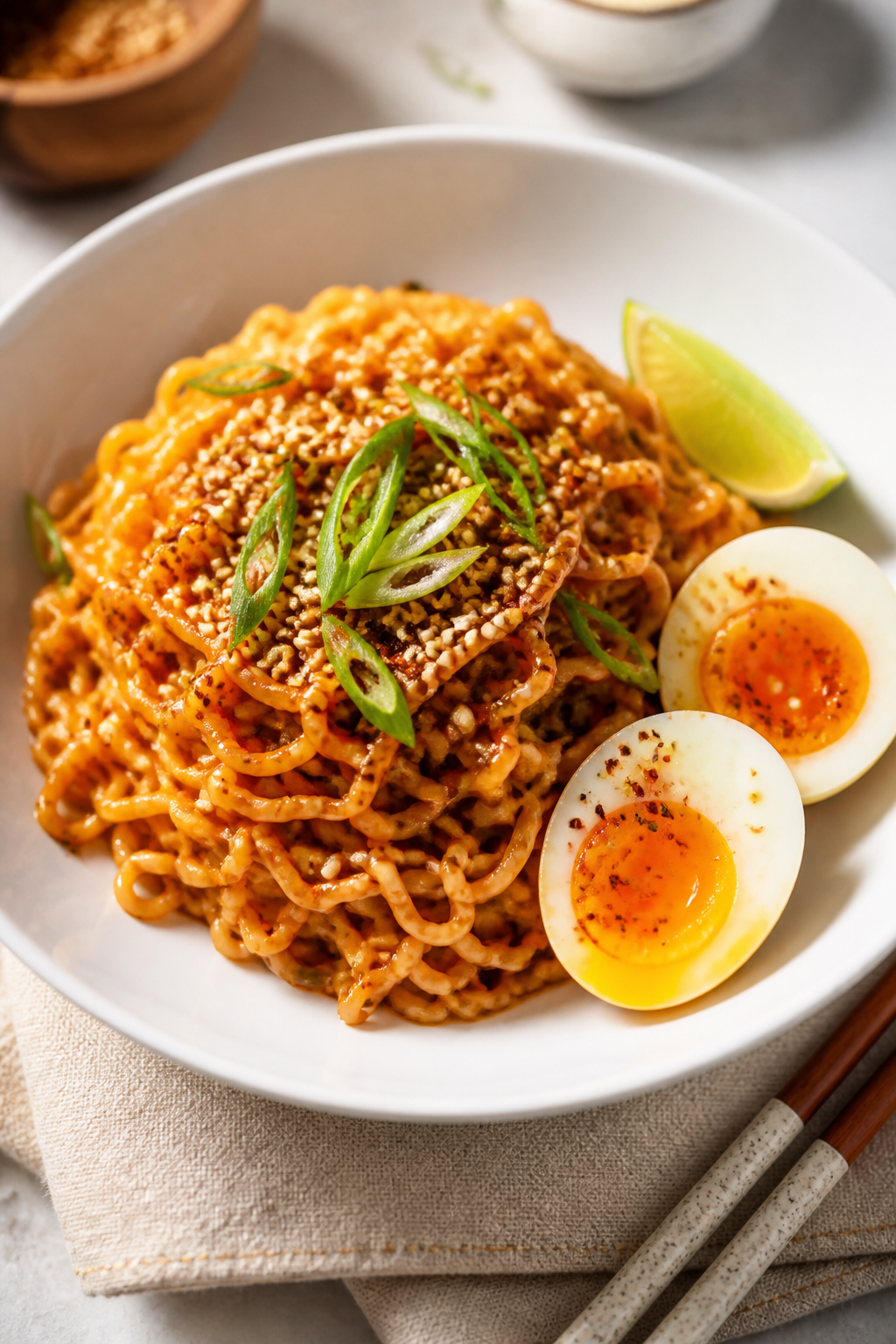 Final plated dish, : Sweet & Spicy Korean Ramen Pasta twirled into a high, glossy nest in a wide whi