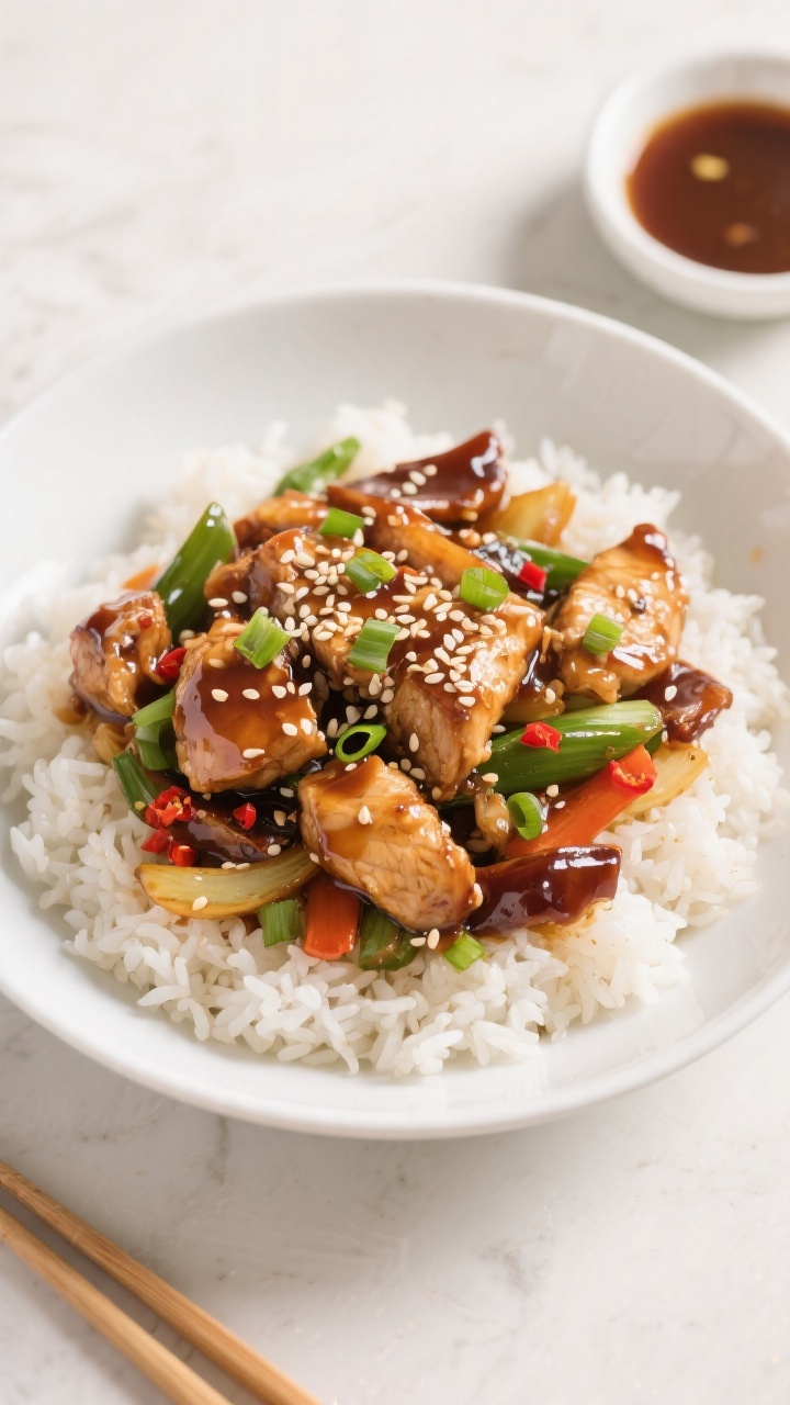 Final plated dish, tasty top view: Overhead shot of Teriyaki Chicken Stir Fry served over fluffy jas