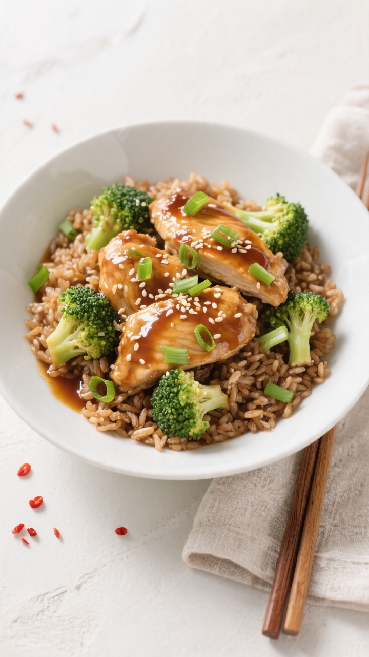 Final plated dish, top view: Honey Garlic Chicken & Broccoli served over fluffy brown rice in a wide