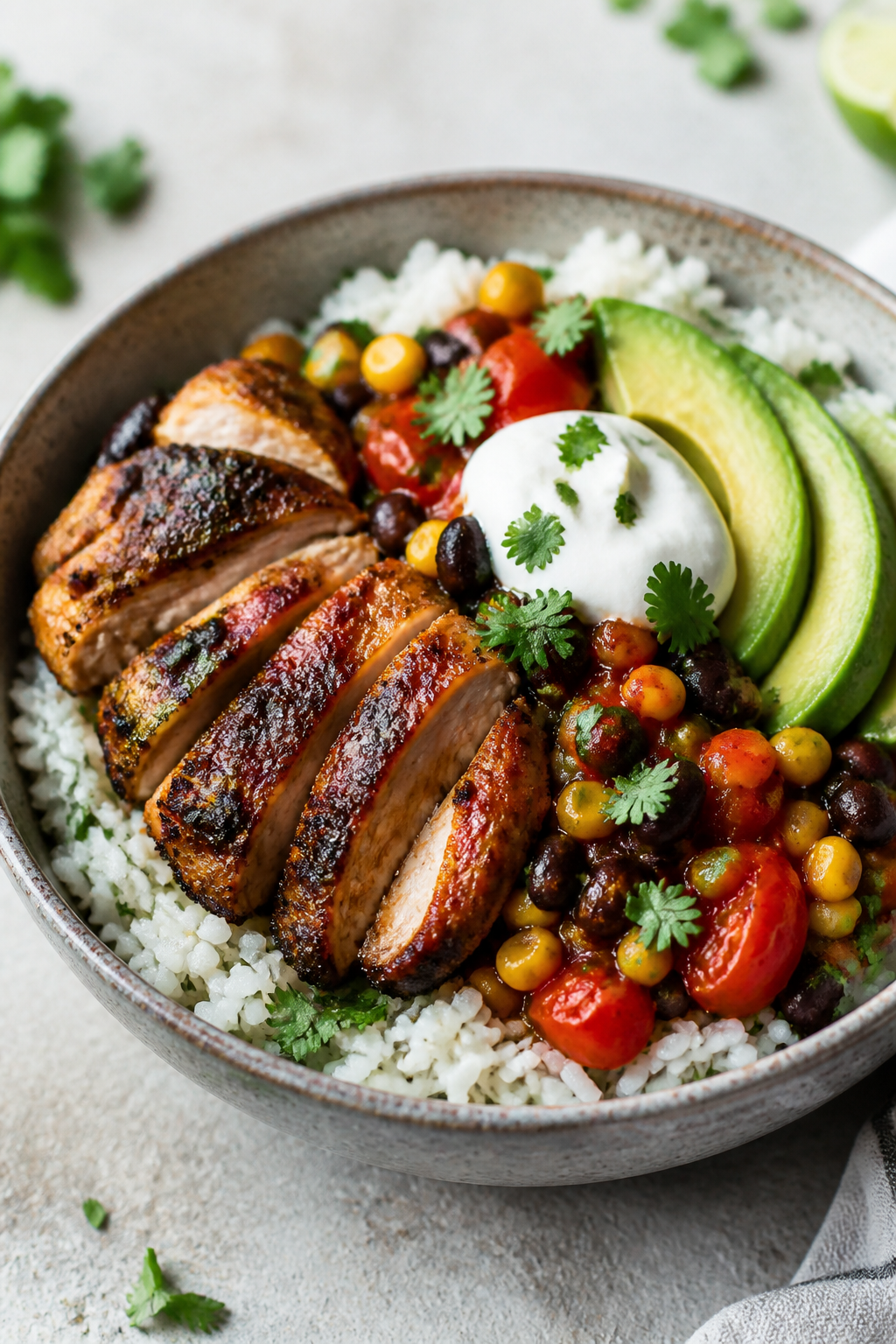 Final plated dish, vibrant bowl: Beautifully plated bowl of Southwest chicken thigh skillet served o