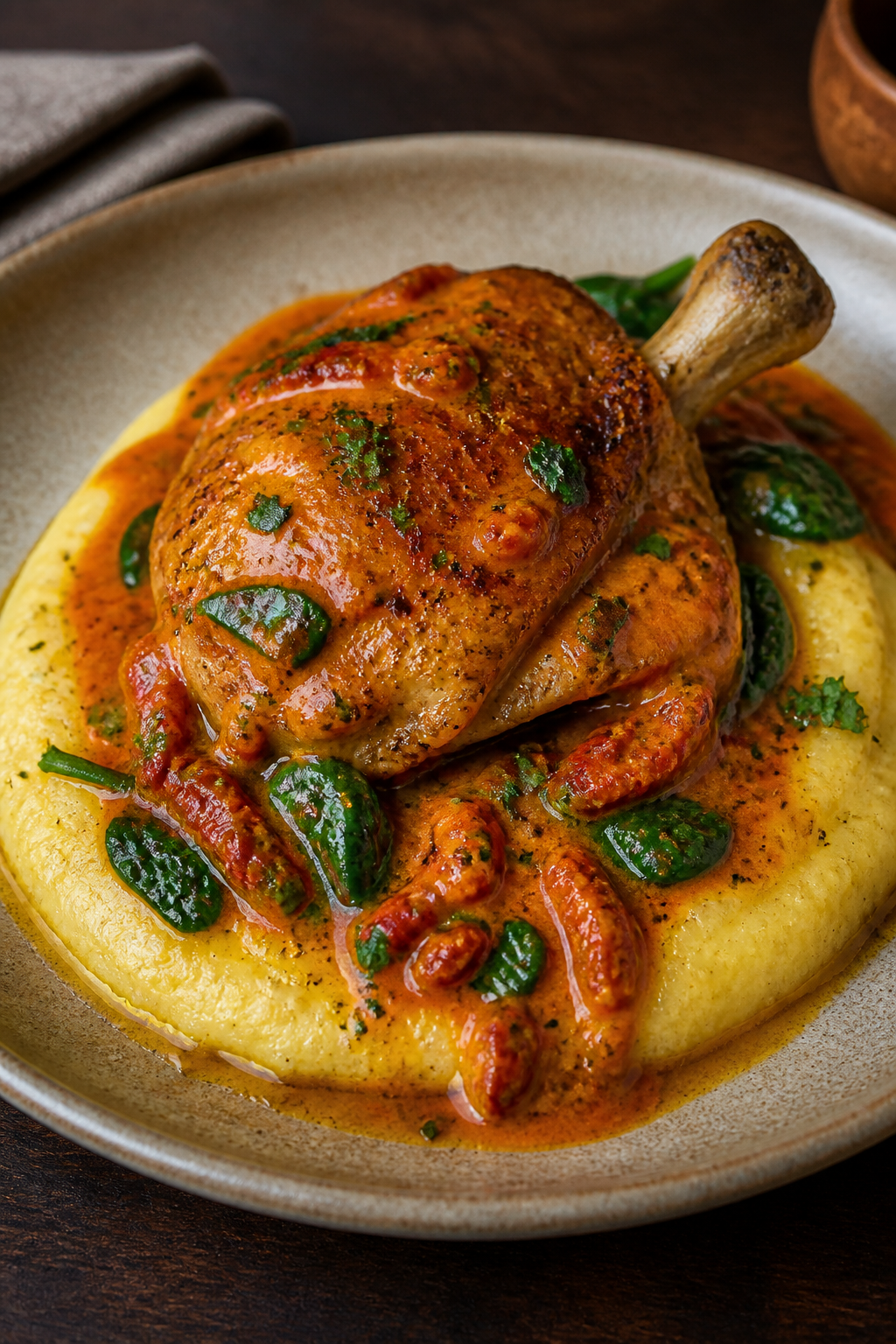 Final plated elegance: Bone-in chicken thigh set atop creamy polenta, generously spooned with the ve