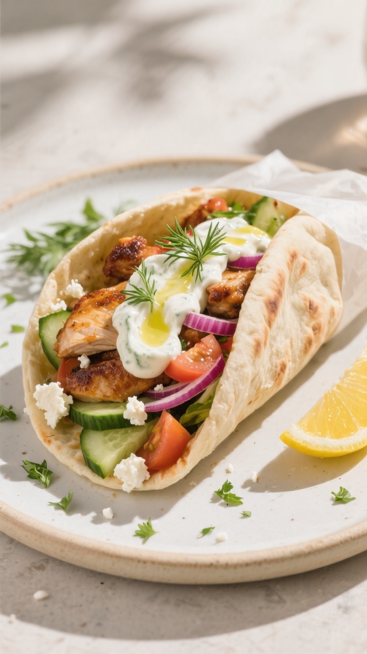 Final plated gyro beauty shot: Warm Greek-style pita folded and wrapped in parchment, overflowing wi