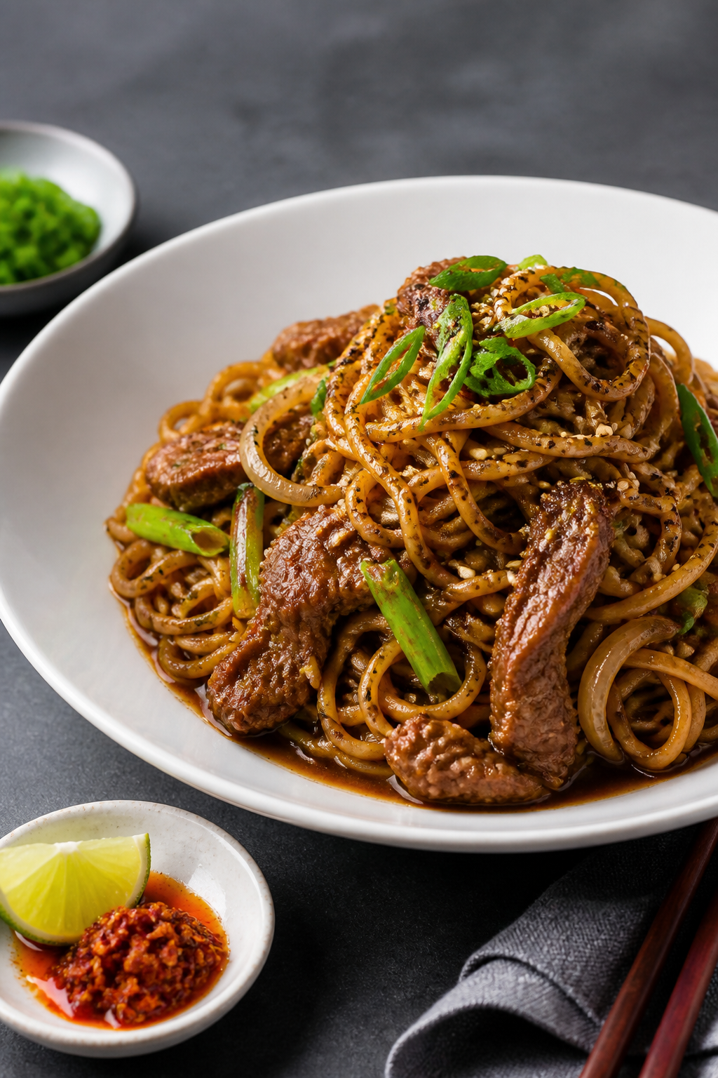 Final plated hero: Beautifully plated Beef Lo Mein twirled high in a wide white bowl, with tender be