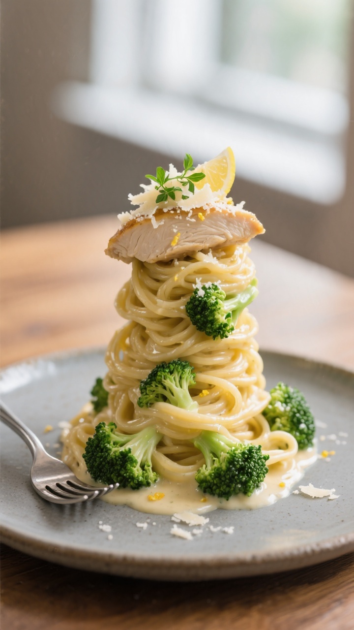 Final plated hero: Beautifully plated Chicken & Broccoli Alfredo twirled into a tall nest, sauce glo