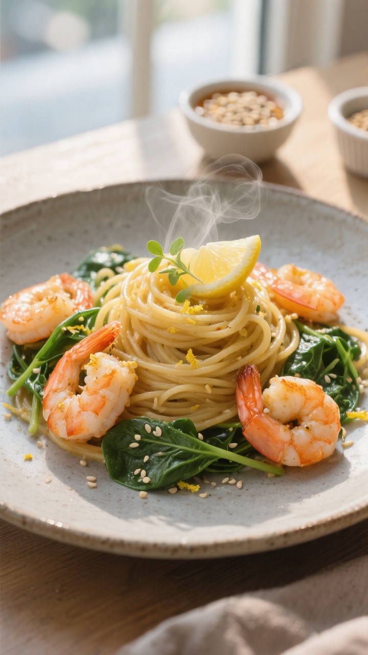 Final plated hero: Beautifully plated Healthy Honey Garlic Shrimp Pasta on a matte stoneware plate, 