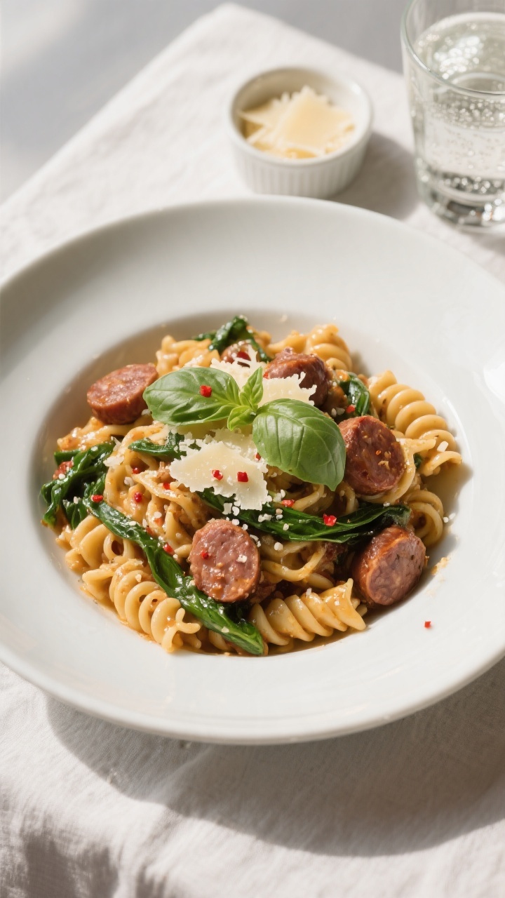 Final plated hero: Beautifully plated Italian Sausage Protein Pasta tossed to a glossy, clingy finis