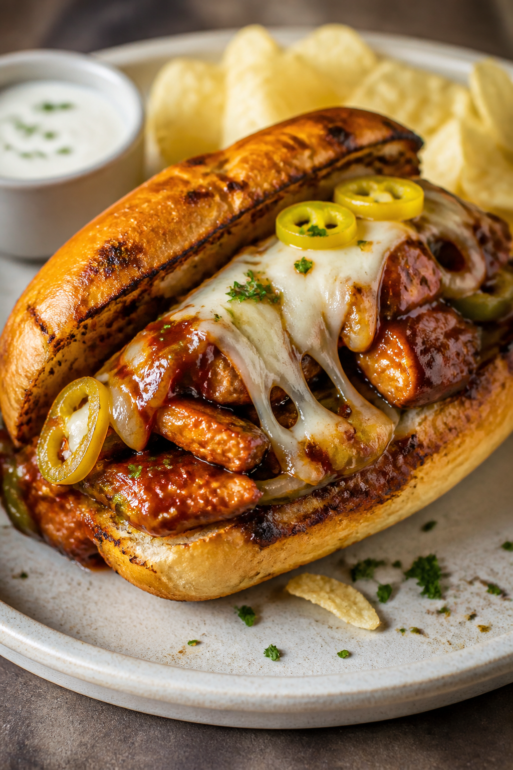 Final plated hero: Beauty shot of a single BBQ Chicken Philly Cheesesteak on a neutral ceramic plate