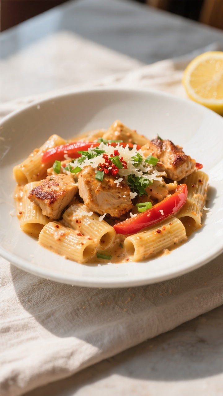 Final plated hero dish: Beautifully plated High Protein Cajun Chicken Pasta in a wide, shallow white