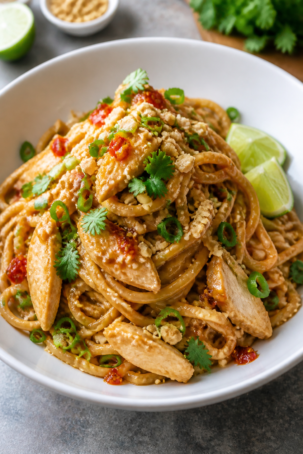 Final plated hero dish, restaurant-quality: Beautifully plated Thai Peanut Chicken Pasta twirled hig