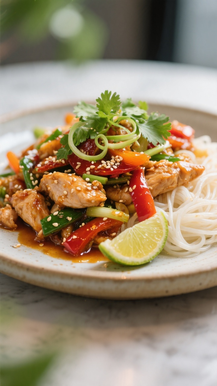 Final plated, hero presentation: Beautifully plated Sweet Chili Chicken Stir Fry on a shallow cerami
