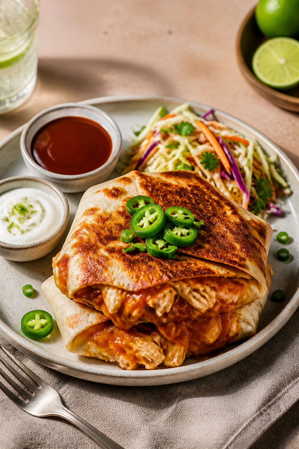 Final plated hero: Restaurant-quality presentation of whole BBQ Chicken Crunchwrap stacked slightly 