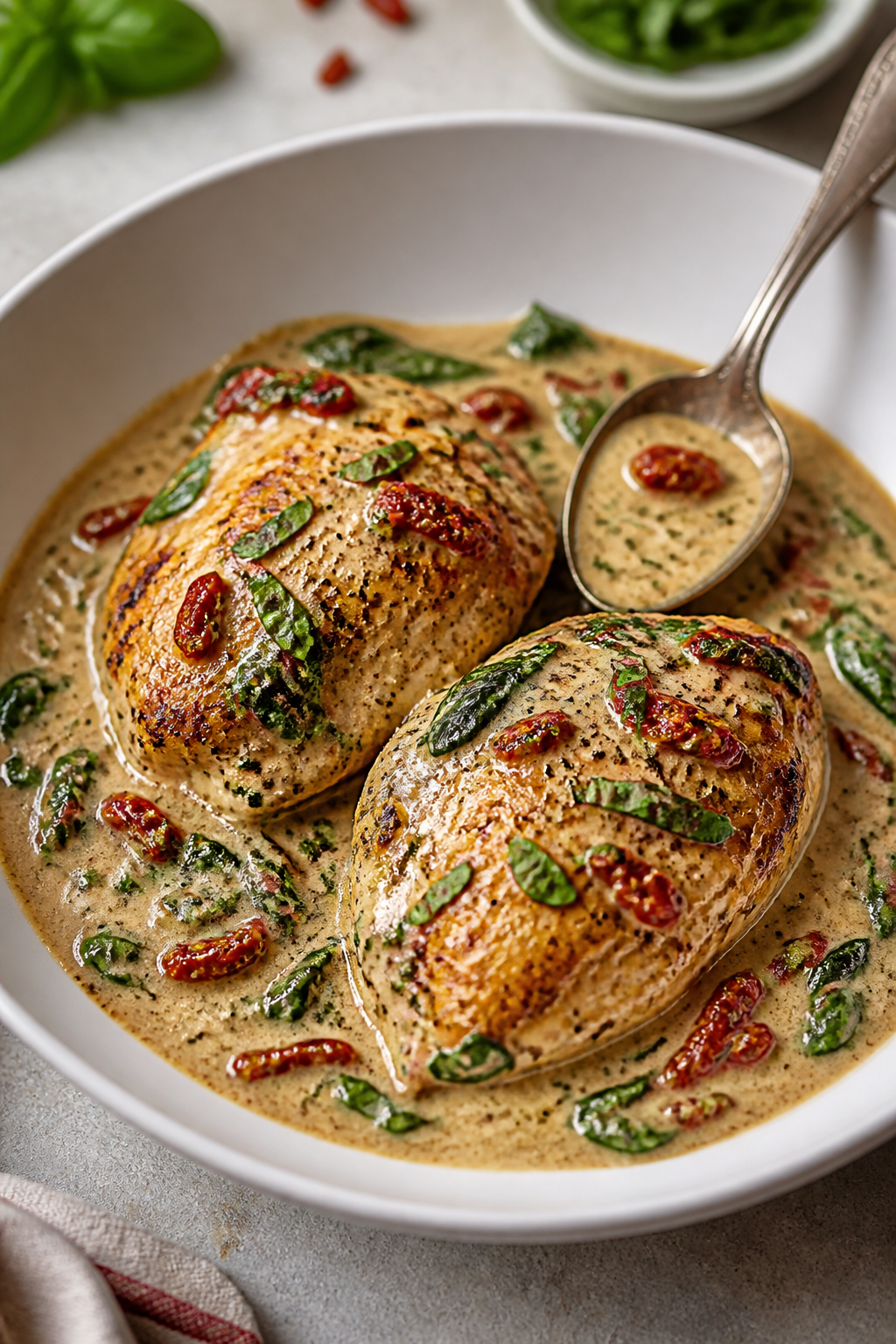 Final plated hero: Restaurant-quality presentation of Creamy Tuscan Chicken Thighs on a wide, shallo