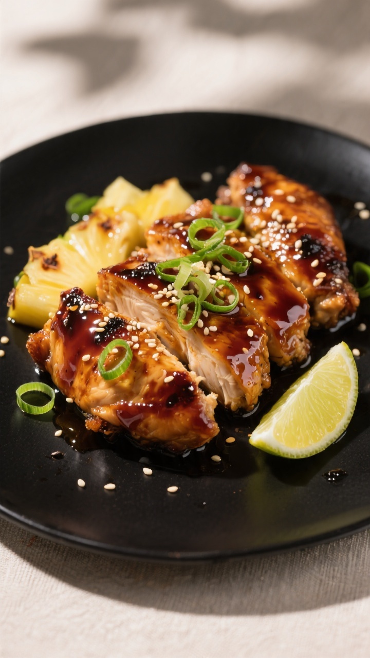 Final plated hero: Restaurant-quality presentation of Pineapple Teriyaki Chicken on a matte black pl