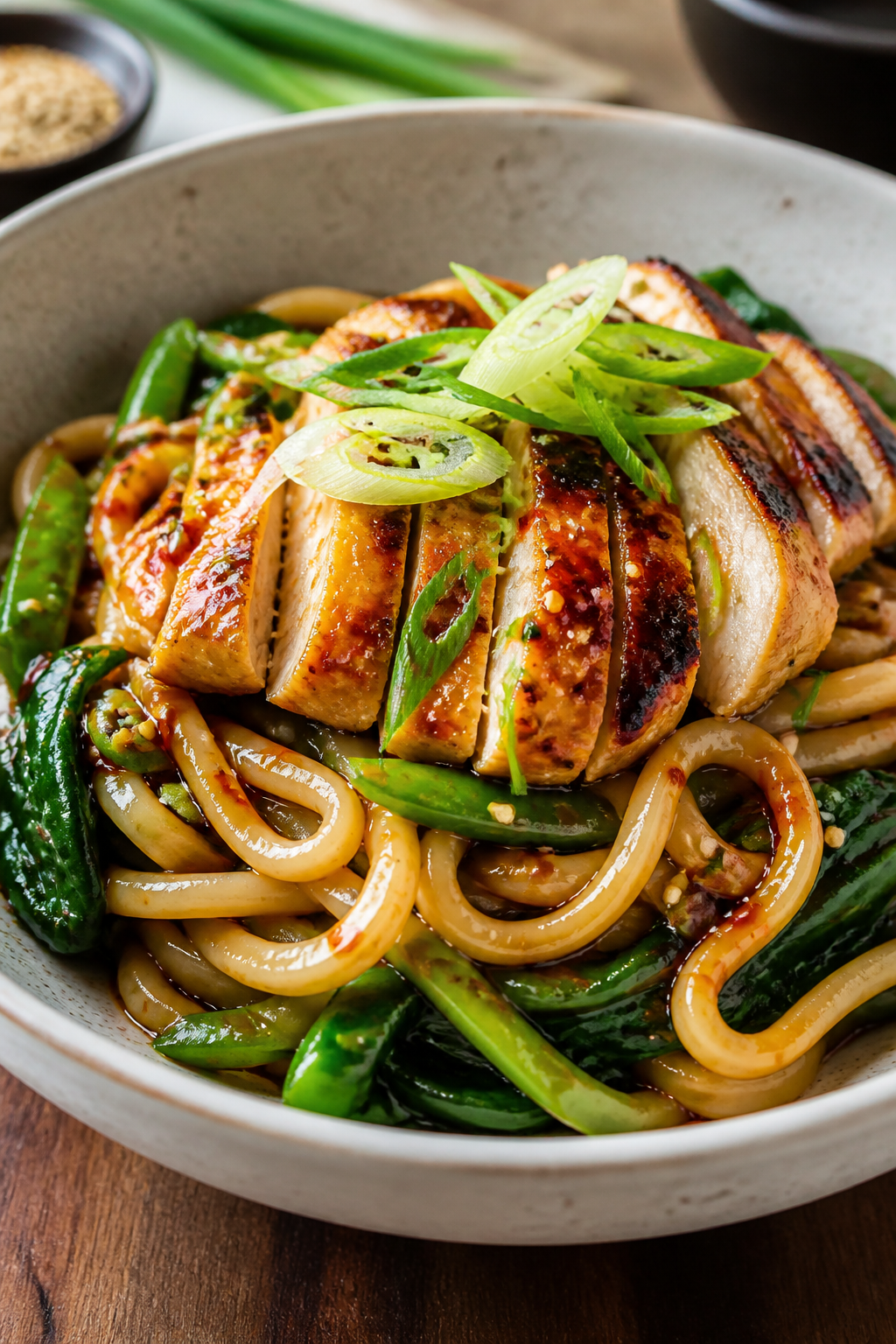 Final plated hero: Restaurant-quality presentation of the completed udon bowl—noodles bouncy and g