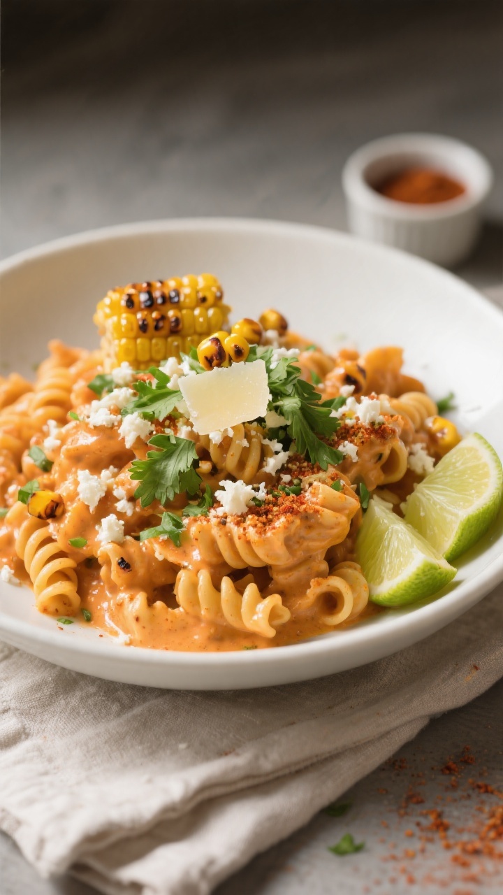 Final plated hero shot, 3/4 angle: Beautifully plated One Pot Mexican Street Corn Pasta in a wide, s
