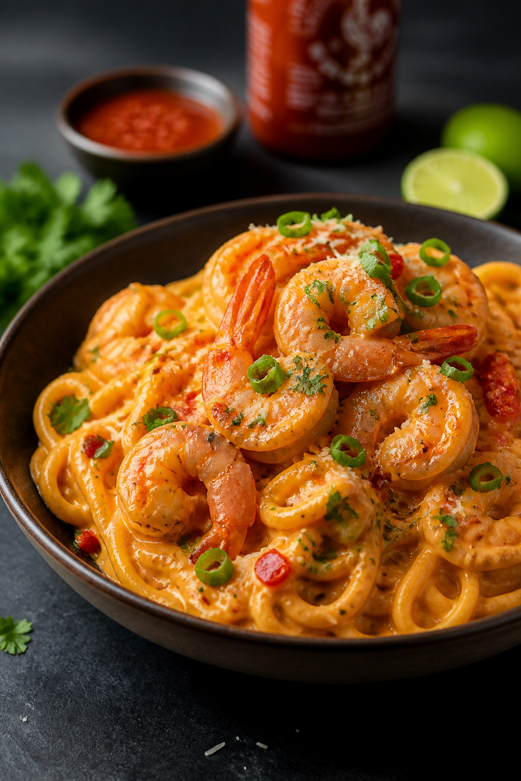 Final plated hero shot, 3/4 angle: Restaurant-quality bowl of Bang Bang Shrimp Pasta with glossy, cr
