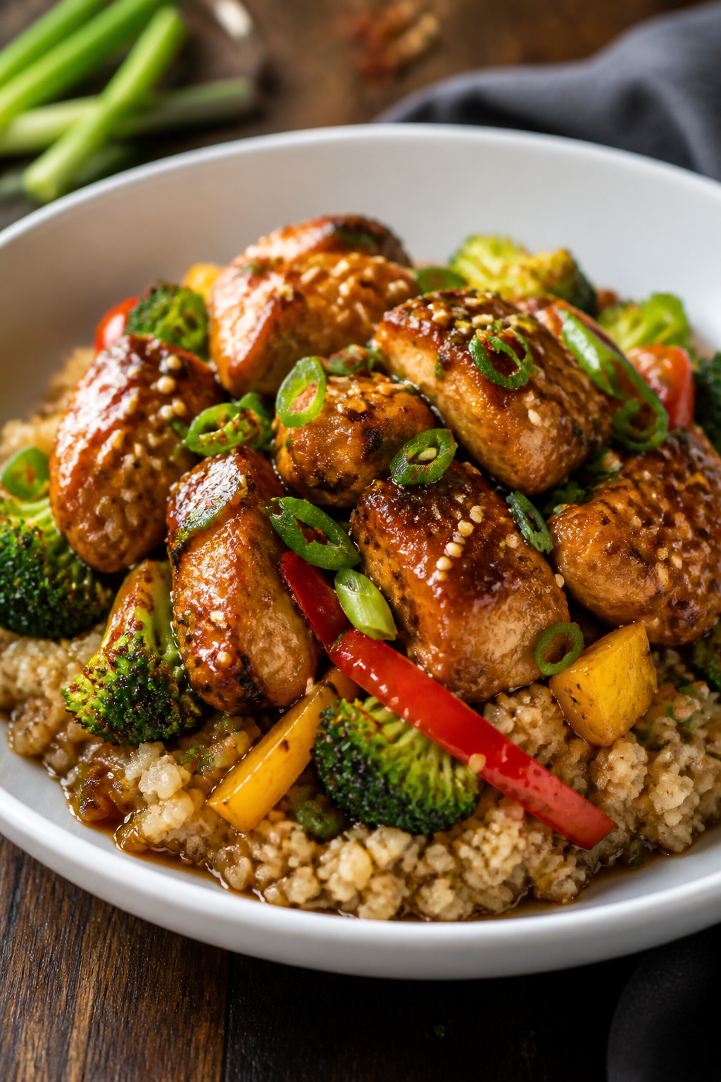 Final plated hero shot at a 45-degree angle of a single Teriyaki Chicken Cauliflower Rice Bowl, rest