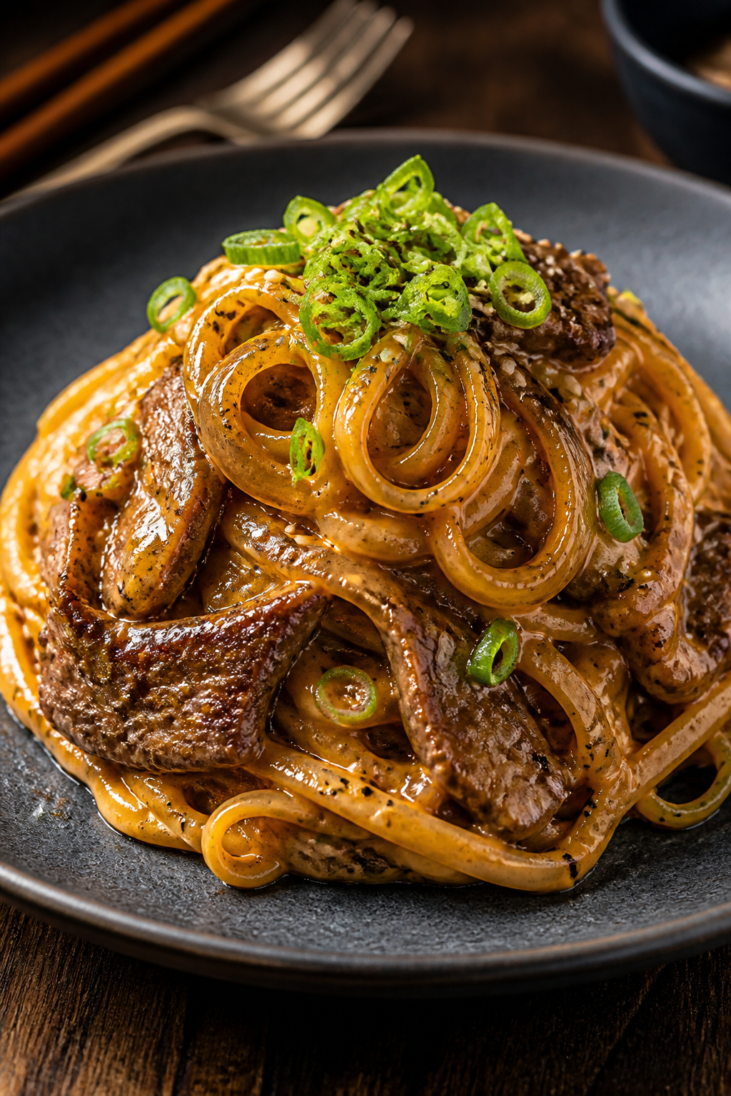 Final plated, hero shot: Beautifully plated Creamy Korean BBQ Pasta twirled into a neat nest on a sh