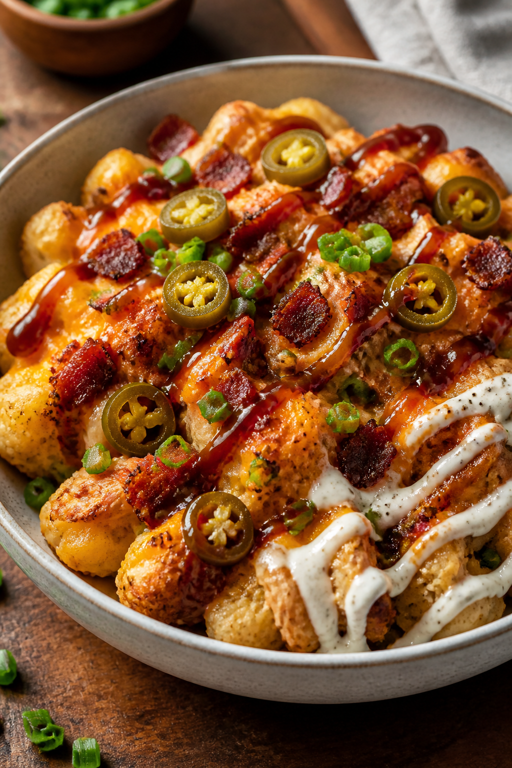 Final plated hero shot: Beautifully plated Loaded BBQ Chicken Cauliflower Bake served in a shallow c