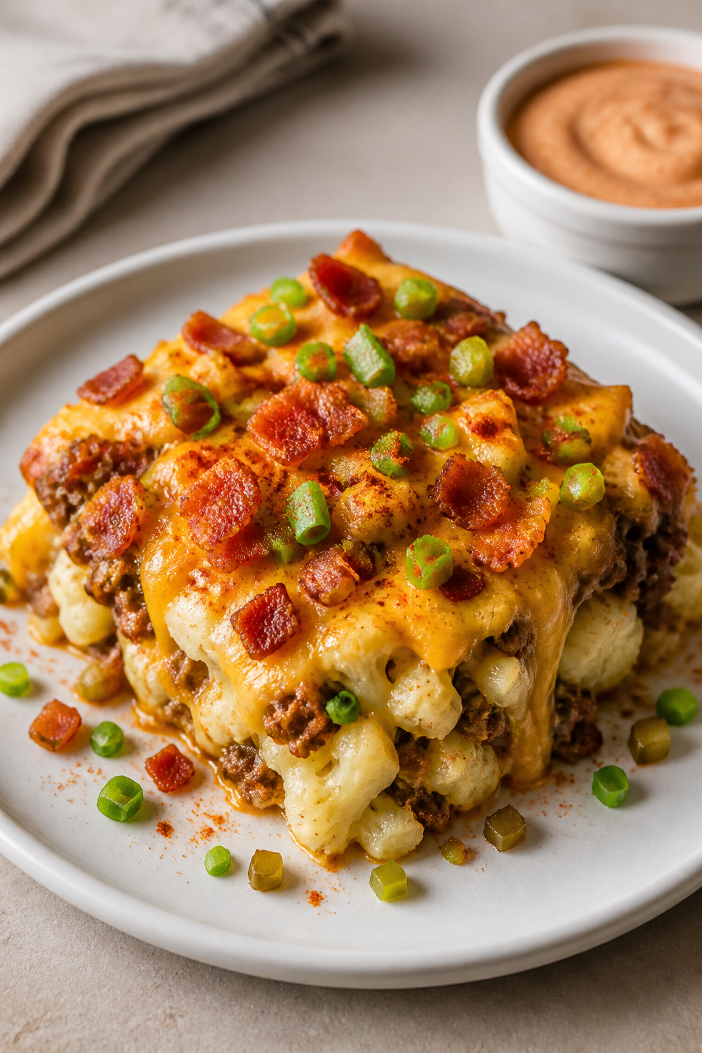 Final plated hero shot, cozy comfort feel: Beautifully baked Keto Bacon Cheeseburger Cauliflower Bak