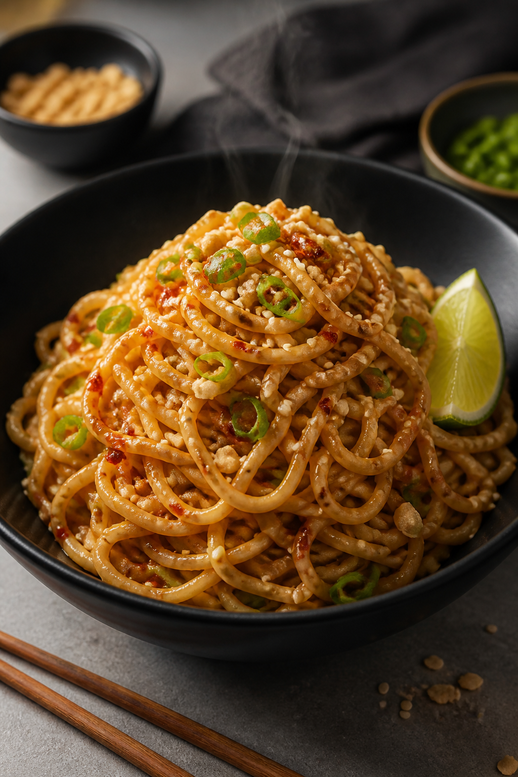 Final plated hero shot: Peanut Butter Chili Garlic Noodles twirled high in a matte black bowl, sauce