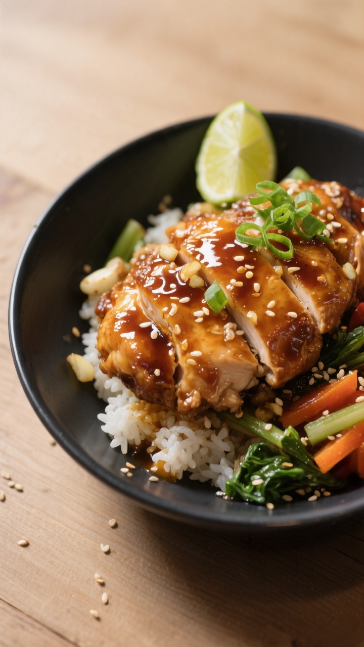 Final plated hero shot: Restaurant-quality presentation of the assembled bowl at 45-degree angle—f