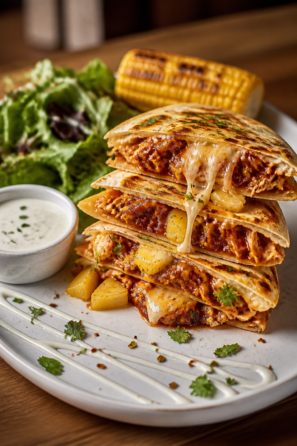 Final plated hero shot: Stacked wedges of BBQ chicken quesadilla on a white speckled stoneware platt