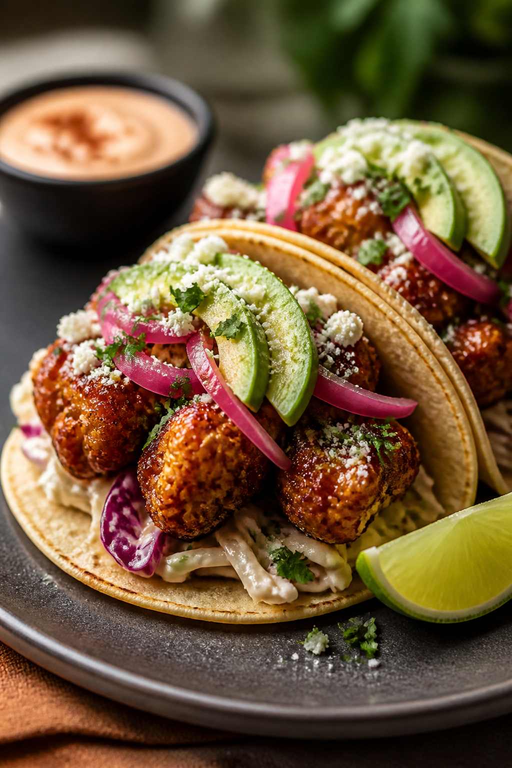 Final plated hero shot: Two assembled crispy BBQ cauliflower tacos on a dark ceramic plate — layer