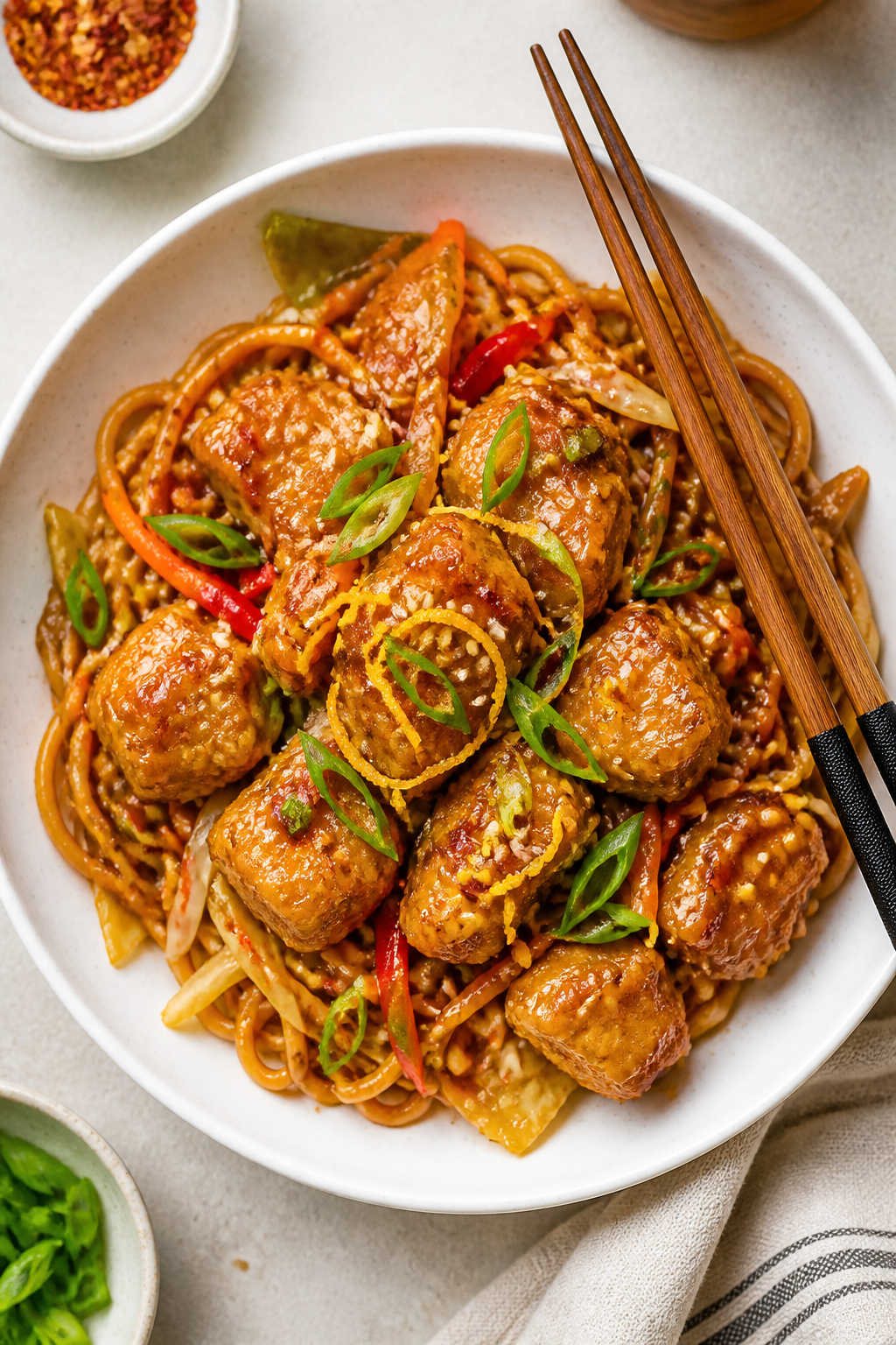 Final plated overhead: Beautifully plated Crispy Orange Chicken Lo Mein in a wide, shallow white bow