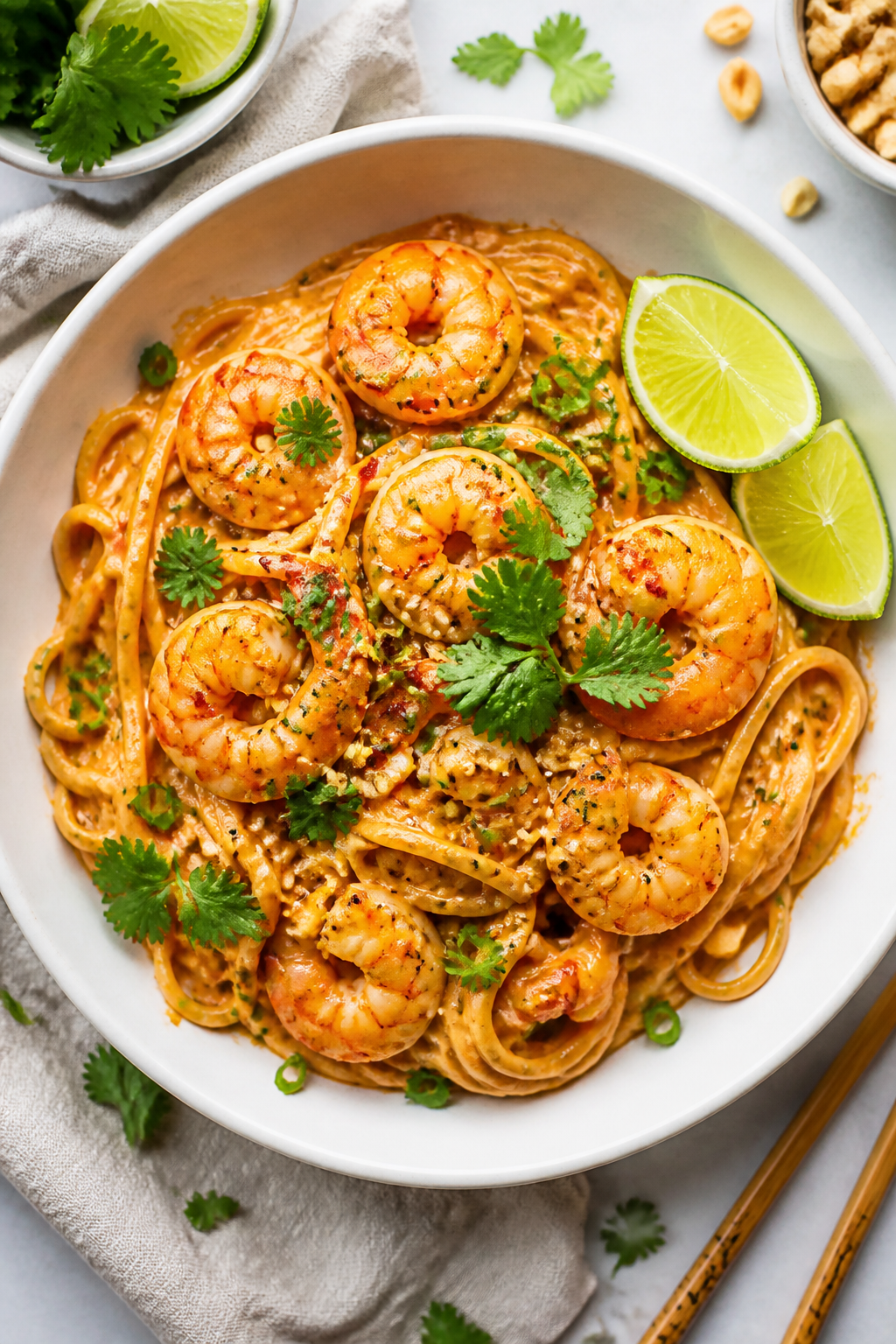 Final plated overhead: Creamy Sriracha Shrimp Noodles twirled into nests on a matte white shallow bo