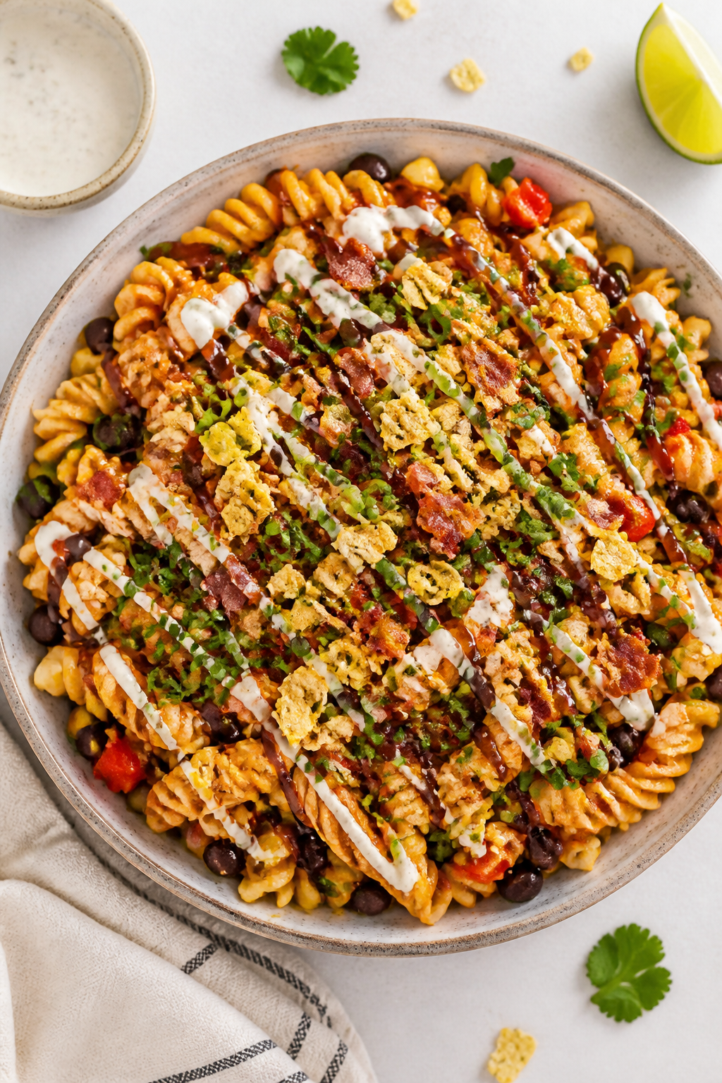Final plated overhead: Finished BBQ chicken pasta salad mounded in a wide, shallow ceramic bowl; gar