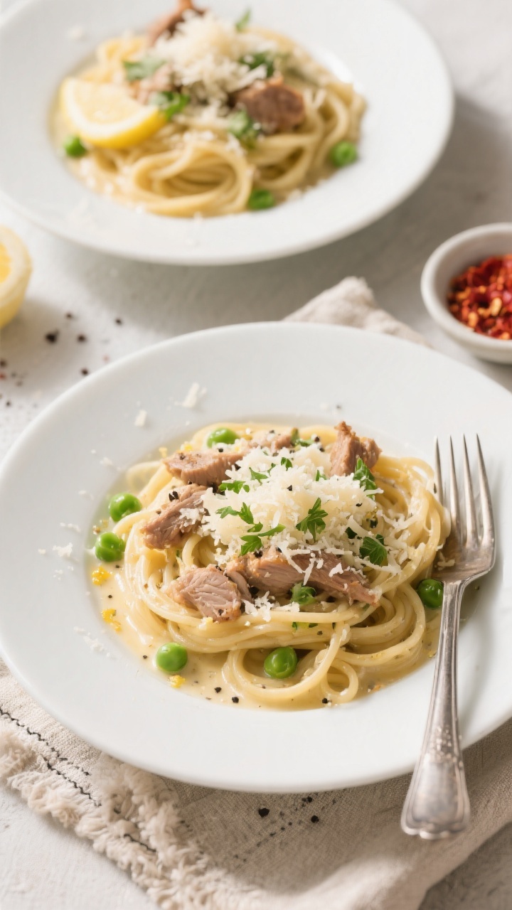 Final plated overhead: Garlic Parmesan Turkey Pasta twirled into shallow white bowls, topped with ex