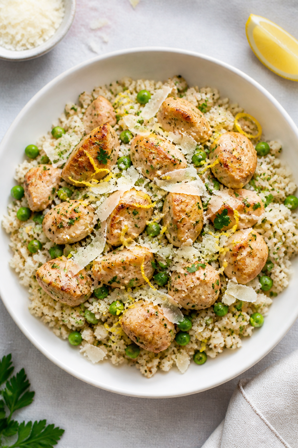 Final plated overhead: Overhead shot of Parmesan Garlic Cauliflower Rice with Chicken served in a wi