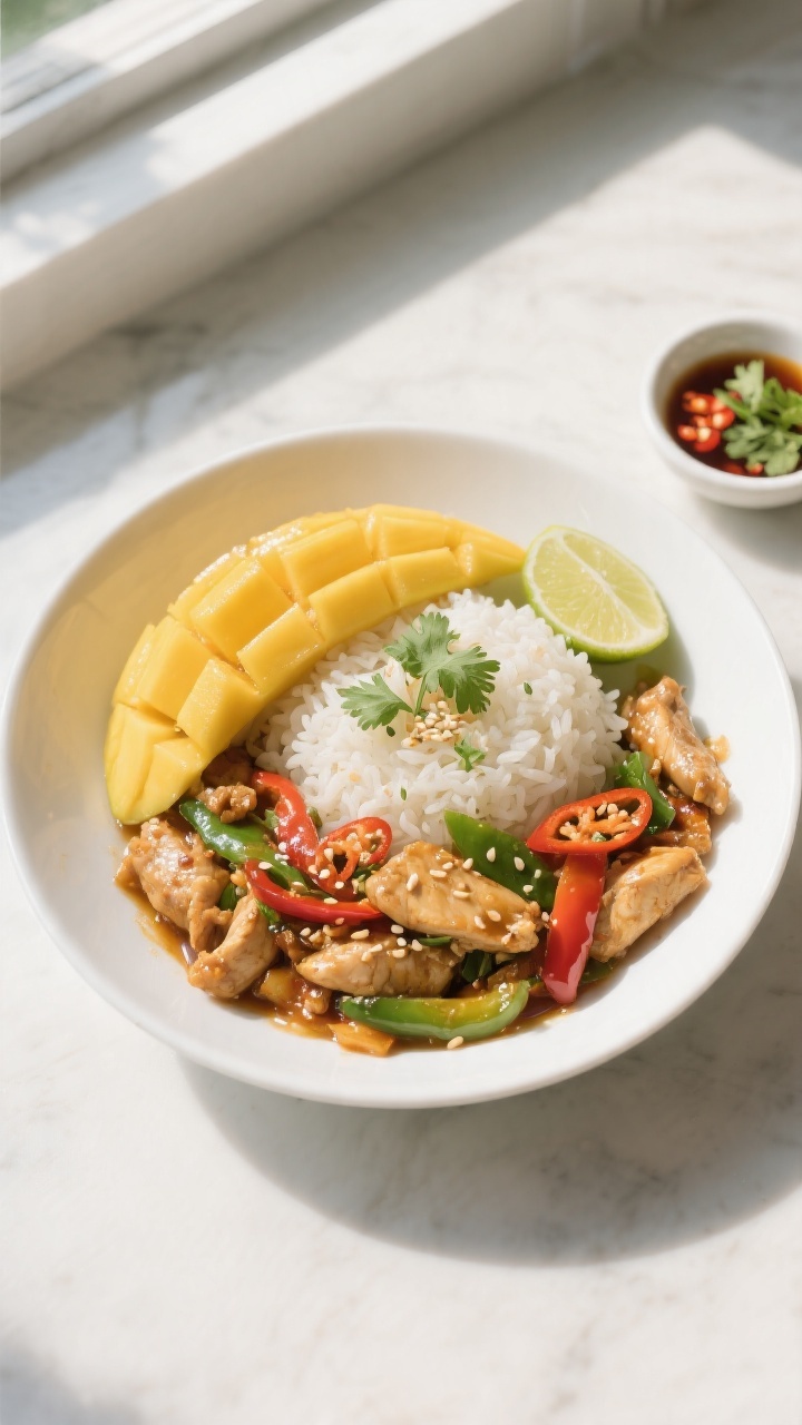 Final plated, overhead: Overhead shot of Thai Mango Chicken Stir Fry served over fluffy jasmine rice