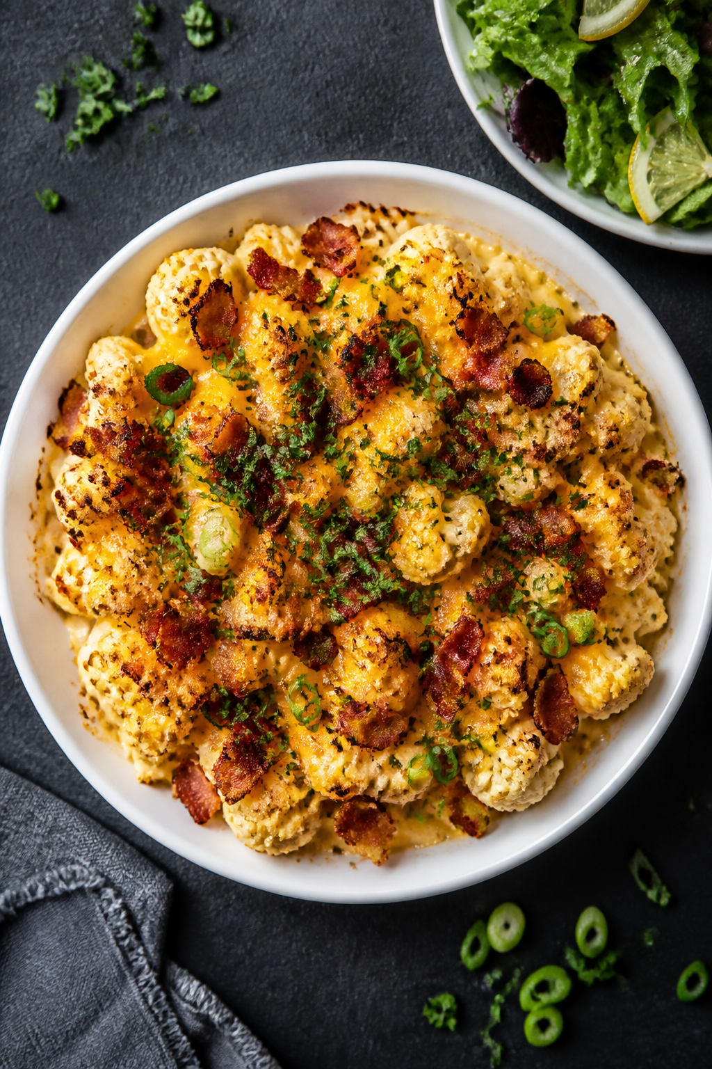 Final plated overhead: Restaurant-quality serving of loaded cauliflower casserole in a shallow white