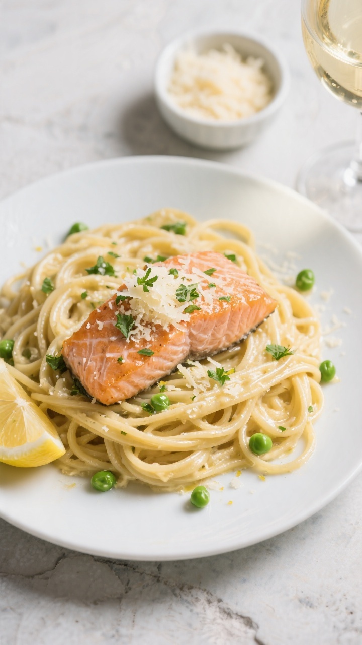 Final plated overhead: Restaurant-style plate of Garlic Butter Salmon Pasta, top-down on a light sto