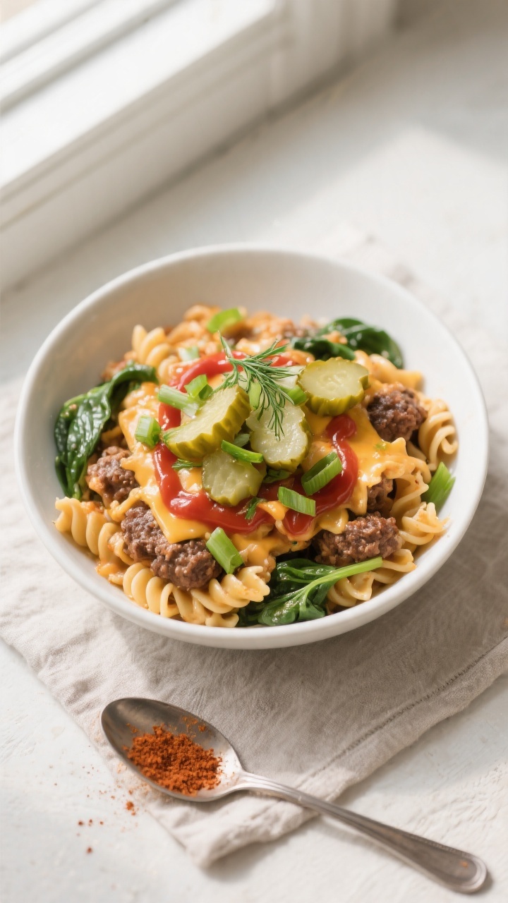 Final plated overhead: Tasty of a bowl of Healthy Cheeseburger Pasta Skillet, garnished with extra d